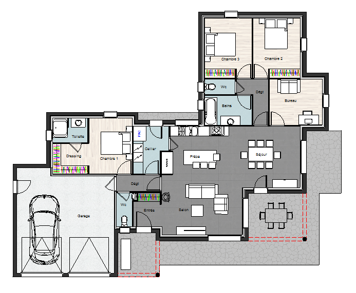 Plan de Maison 3CH 117 - Tuile
